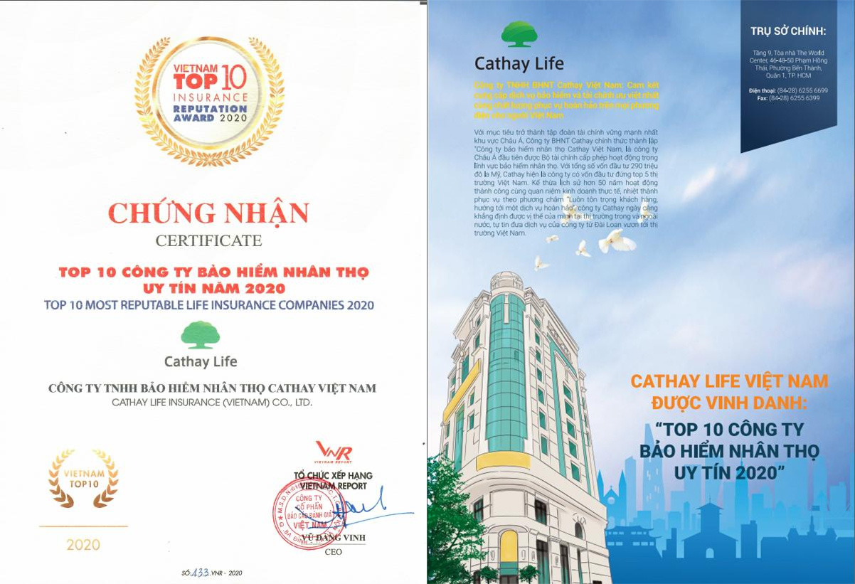 Cathay Life Việt Nam được vinh danh TOP 10 công ty bảo hiếm nhân thọ uy tín